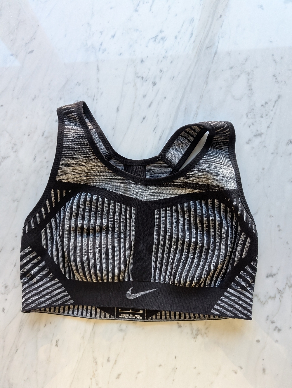 Nike Black and Gray Striped Support Sports Bra